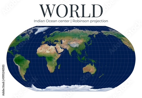 World Map. Robinson projection centered on Indian Ocean. High detail physical map. Compromise design with visually pleasing balance.