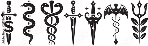 Mystical Symbol Collection Featuring Caduceus, Serpent, Dagger, and Ancient Occult Icons