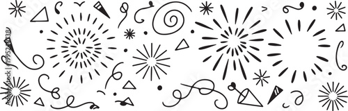 Hand drawn celebratory elements collection fireworks starbursts confetti and geometric shapes festive doodles abstract.