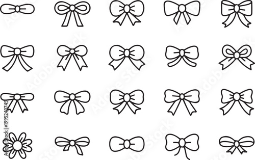 Collection of hand-drawn bows and ribbon symbols decorative elements for gift wrapping or crafting festive accents.
