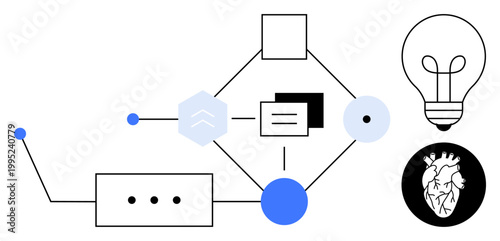 Technology concept. Geometric shapes, wiring, and modern symbols reflect technology innovation. Technology connects processes and ideas for efficient communication. For innovation, design, science