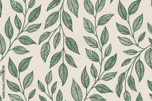 Seamless pattern with hand drawn green branches and leaves on beige background for wallpaper textile print wrap scrapbooking paper.