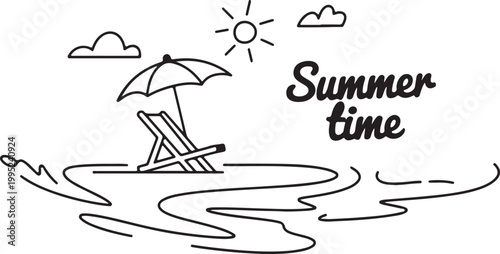 Summer time doodle illustration with beach umbrella, chair, sun, and clouds on transparent background vector.