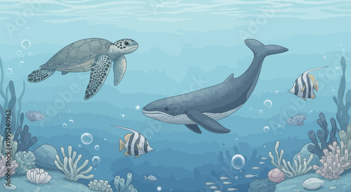 Underwater scene with sea turtle and whale swimming among fish and coral reef
