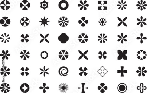 Abstract geometric shapes and symbols in black for creative artistic and decorative applications.