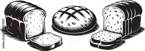 Hand drawn loaves of bread and slices vector illustration on transparent background.