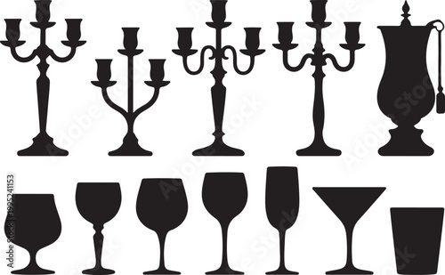 Set of candelabra and glassware silhouettes vector icons on transparent background.