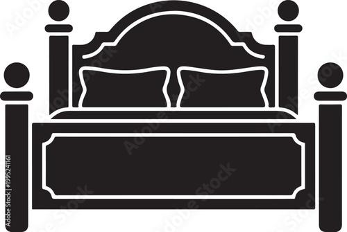 Black silhouette of a four-poster bed with pillows and headboard vector illustration.