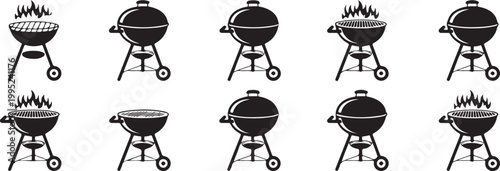 Collection of barbecue grill silhouettes vector icons on transparent background.