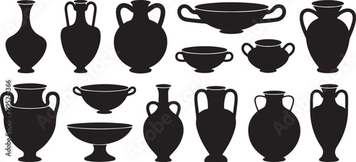 Ancient greek pottery silhouette collection including amphora vase jug bowl and terracotta vessel icons on transparent background.