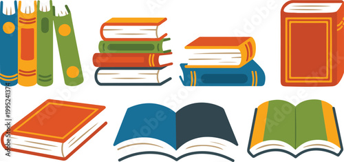 Colorful book stack and open pages set including hardcovers and textbooks in various positions for education and reading concepts.