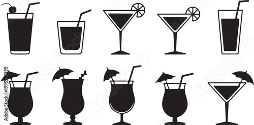 Summer cocktail silhouette icons featuring various glass shapes with umbrellas straws and fruit garnishes on transparent background.