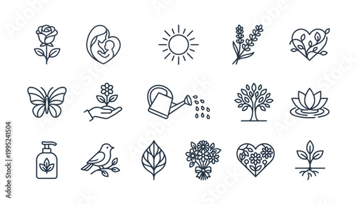 Collection of line icons featuring flowers, plants, and nature symbols.