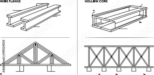 Structural engineering steel beam and bridge truss silhouettes for construction engineering and architectural project plans.