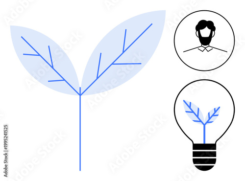 Sustainability, eco-friendly innovation, creativity, energy efficiency, green technology, growth. A minimalist design shows a leaf, light bulb and human head. Sustainability and eco-friendly