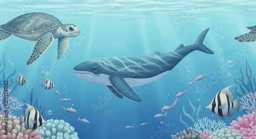 Underwater scene with sea turtle and whale swimming among fish and coral reef