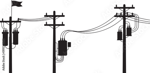 Electric utility poles with power lines and transformers against transparent background for urban infrastructure scenery.