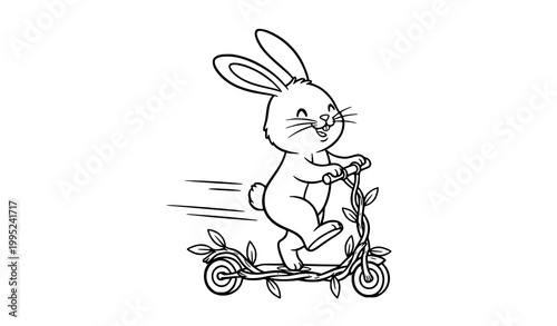 Playful bunny on willow branch scooter black and white outline vector illustration whimsical animal coloring design