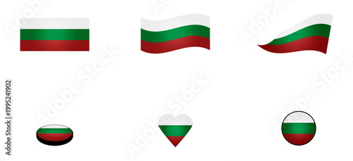 Conjunto de iconos de la bandera de Bulgaria. Símbolo con forma de corazón, botón y circular. Ilustración para sitio web, app, folleto, diseño gráfico, uso personal, locación, ubicación y otros.	