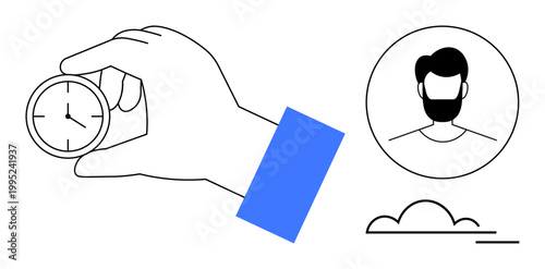 Time management, productivity, task planning, user identity, online scheduling, digital platforms. Hand holding a clock, profile icon and cloud symbol. Time management and productivity visual