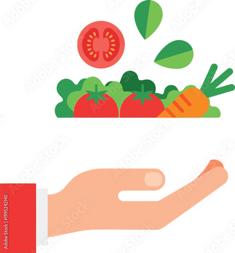 Human hand holding fresh organic vegetables and salad ingredients like tomatoes carrots and green leaves in a flat design style vector illustration