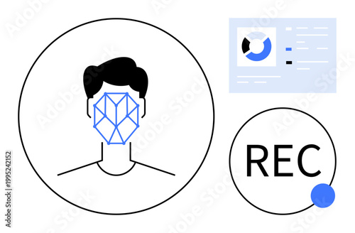 Facial recognition. Facial recognition structure over a human face with data interface and recording symbol. Facial recognition for security, surveillance, identity verification, AI tools