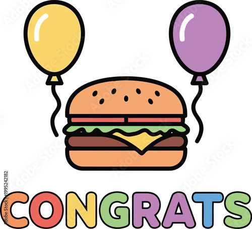 Congrats banner with hamburger and balloons