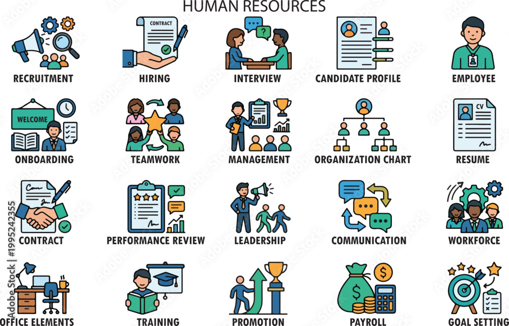 Fototapeta premium Cartoon Human Resources Icon Set, Illustration Doodle Cartoon Collection