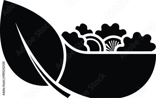 Black icon of bowl with leaf and mushrooms