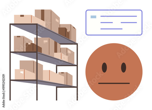 Storage organization, e-commerce, logistics, supply chain, inventory management, emotions analytics. Shelves stacked with boxes and a neutral face icon. Storage organization and e-commerce
