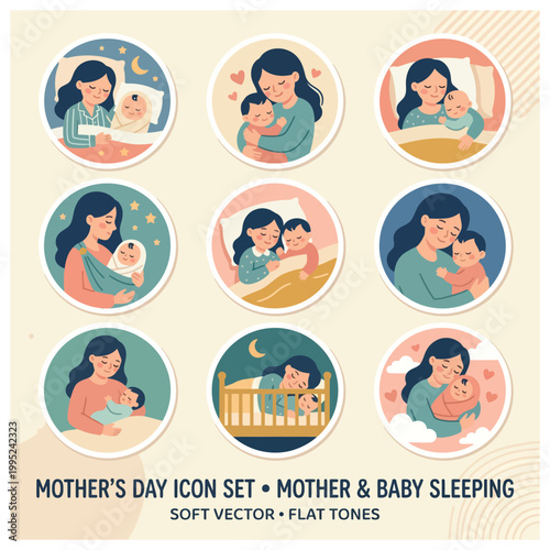 Mother and baby sleeping icon set.