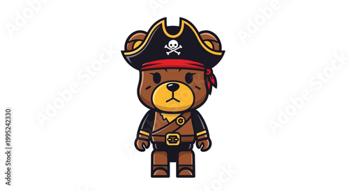 Schilderij op canvas Cute Cartoon Bear Pirate Character with Jolly Roger Hat and Bandana