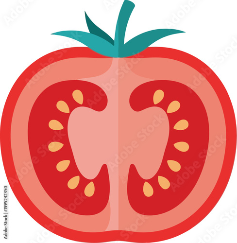 A flat vector icon of a fresh red tomato cut in half showing seeds and juicy pulp in a simple modern style