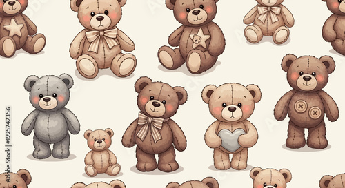 Collection of cute cartoon teddy bears in various poses and colors on white background