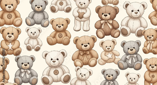 Cute teddy bears in various poses and colors on cream background