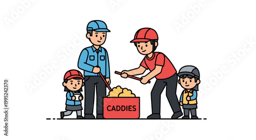 Family of Four Working Together to Fill Caddie Box.