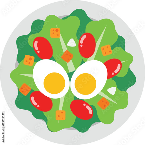 Fresh green salad with boiled eggs and tomatoes on a plate in a simple flat vector style illustration