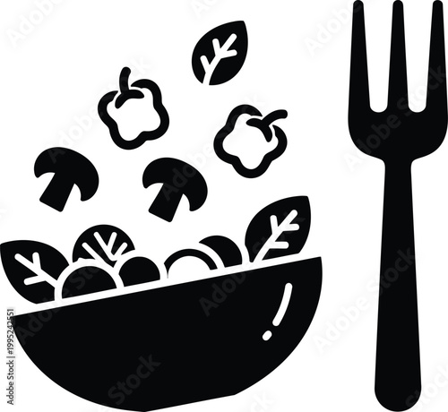 Black silhouette icon of a fresh vegetable salad bowl with a metal fork for healthy food and diet concepts