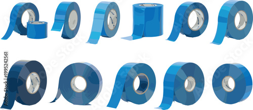 Blue adhesive tape rolls collection with different angles and peeled strips isolated on light background packaging supply vector illustration set