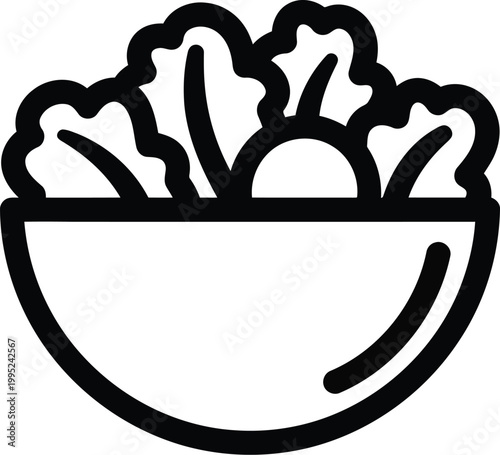 Simple line icon of a fresh salad bowl with green lettuce leaves for healthy food and diet concept