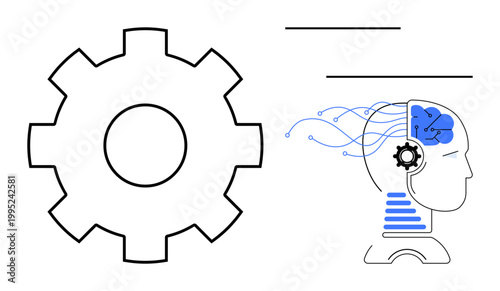 Artificial intelligence, machine learning, innovation, human mind integration, futuristic concepts, technology advancement. Gear beside human head with digital neural connections. Artificial