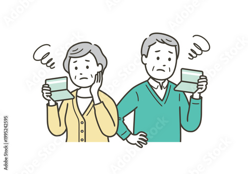 通帳を見て年金や貯金や老後資金に悩む高齢者夫婦
