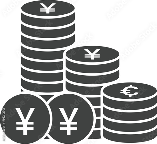 Stack of gold coins with Yen and Euro currency symbols as a flat graphic icon for financial business and banking concepts