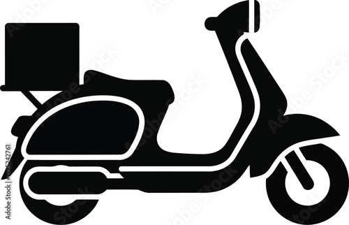 Black silhouette icon of a delivery scooter with a cargo box for fast food and parcel shipping services