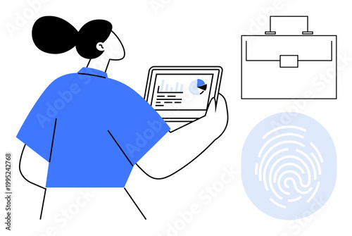 Business management, data analysis, identity verification, security, technology, career growth. Person viewing data on laptop, briefcase and fingerprint icon. Business management and data analysis