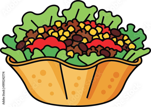 Fresh taco salad bowl with lettuce corn beans and tomato in a crunchy tortilla shell