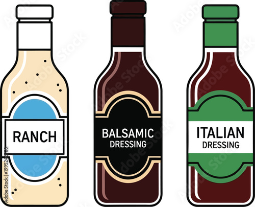 Three glass bottles of salad dressing including ranch balsamic and italian flavors in a flat vector illustration style for menu or food design graphics