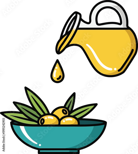 Olive oil pouring from jug into bowl with olives
