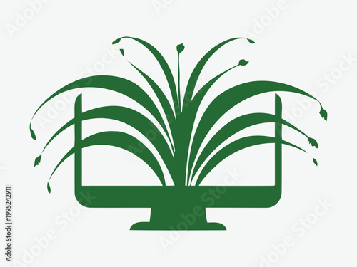 A minimalist vector illustration of a green plant in a ceramic pot featuring lush floral leaves and bamboo branches for an eco-friendly spring garden decoration design