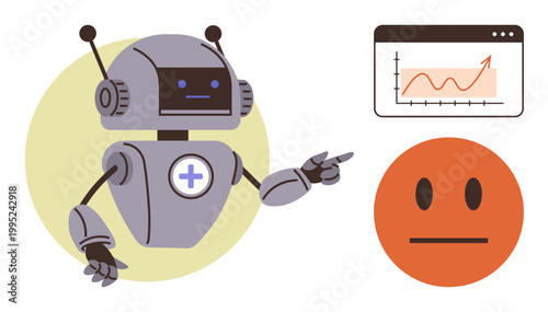 Artificial intelligence, data analysis, healthcare, emotional recognition, technology, business. A robot pointing at a graph and an emotionless face. AI technology and data analysis concept